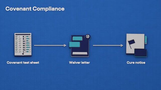Covenant compliance proceeds from ratio testing to waiver review and a cure notice setting a deadline to remedy a breach. Flat 3D style; objects labelled in English.