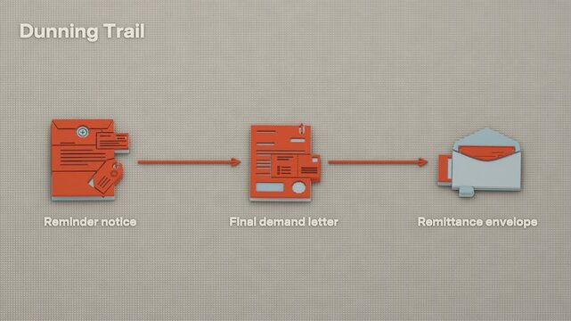 An overdue invoice progresses through a reminder and final demand before remittance settles the account. Flat 3D style; objects labelled in English.