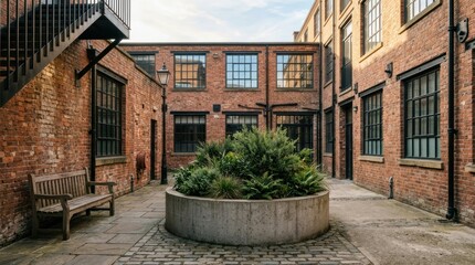Fototapeta premium Renovated Industrial Courtyard with Red Brick Buildings and Green Planter