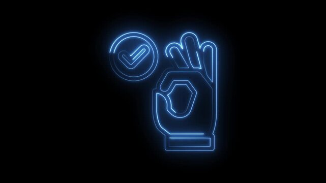 Blue neon glowing checkmark inside circle and okay hand gesture on icon black background perfect