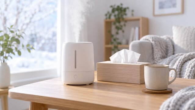 加湿器とティッシュとマグカップを置いた冬の乾燥対策イメージ