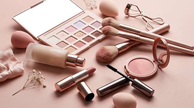 Set of professional makeup cosmetics and beauty brushes on a soft pink background. makeup combo offers