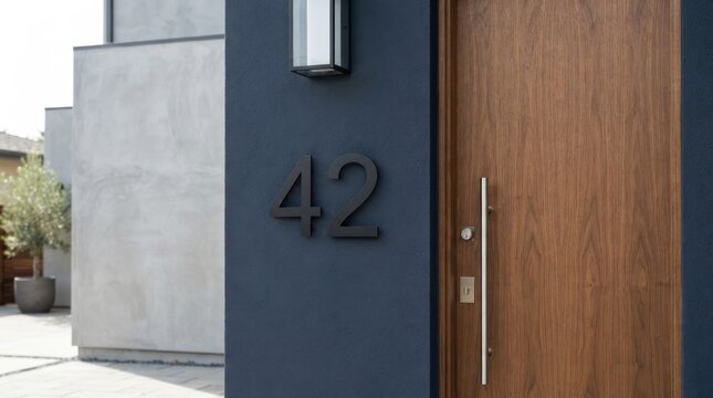 Modern House Number 42 on Minimalist Dark Blue Exterior Wall
