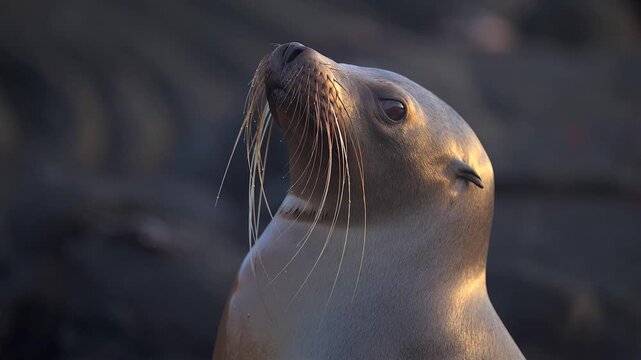 Galapagos sea lion portrait resting on volcanic rock at sunset with warm light during golden hour clip.