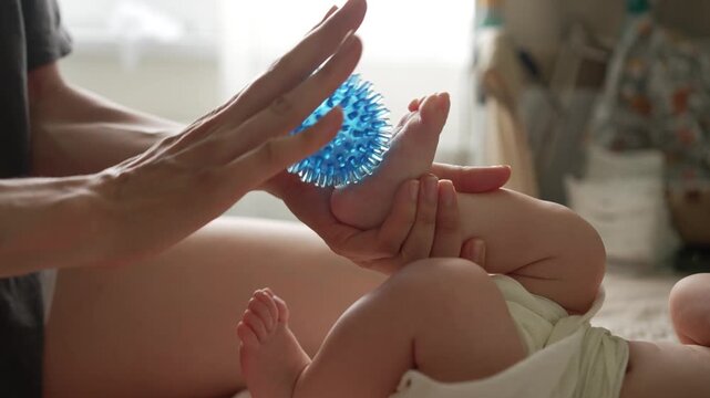 Loving mother carefully massages her baby's tiny foot with a special spiky ball, providing gentle stimulation for healthy development and strengthening the parent child bond