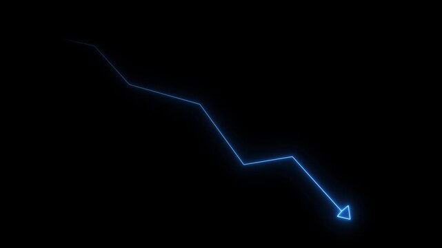 Glowing BLUE neon downward graph with arrow indicating decline, loss, and negative trends on a dark, abstract background, perfect for conveying risk.Right-directional arrow loop.4k video 