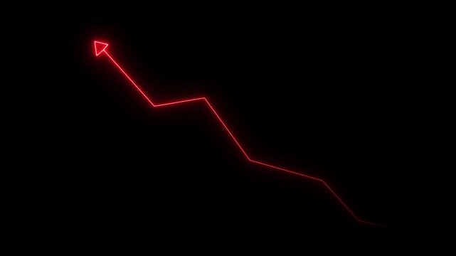 Glowing red neon downward graph with arrow indicating decline, abstract background, perfect for conveying risk, crisis animation.Right-directional arrow loop.4k video 