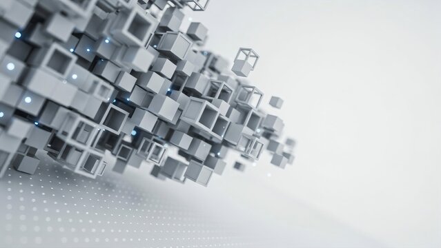 A cluster of floating grey 3d cubes with small glowing blue light points, arranged in a dynamic formation against a light grey background, with a subtle, dot pattern, suggesting technology