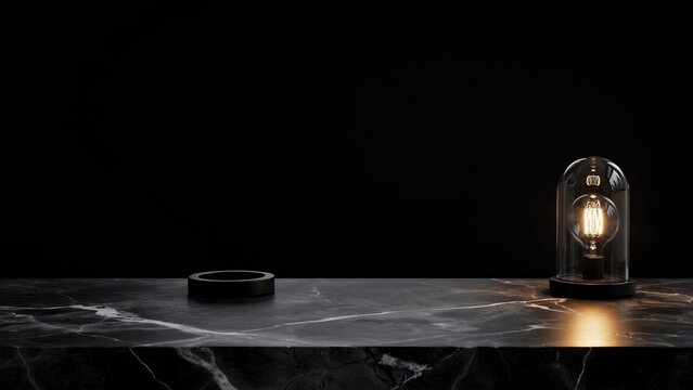 A glowing vintage edison light bulb inside a glass cloche dome resting on a dark black marble surface with a black background, creating a minimalist and atmospheric lighting composition for display