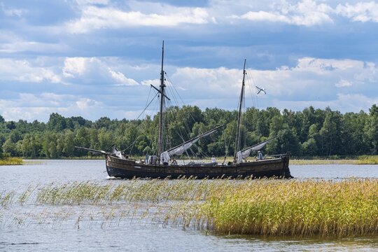 Viking boat on a lake Onega, Unesco site Kizhi island, Karelia, Russia