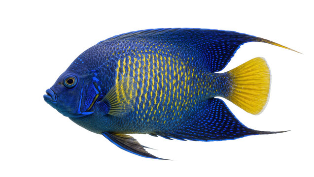 Vibrant blue angelfish with yellow spots, isolated on transparent background