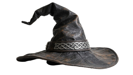 Worn black leather witch hat with celtic knot band, isolated on transparent background © Michael