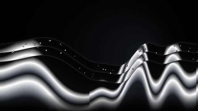 Abstract liquid metal waves with floating particles, smooth flowing chrome motion background, dark metallic 3 d animation