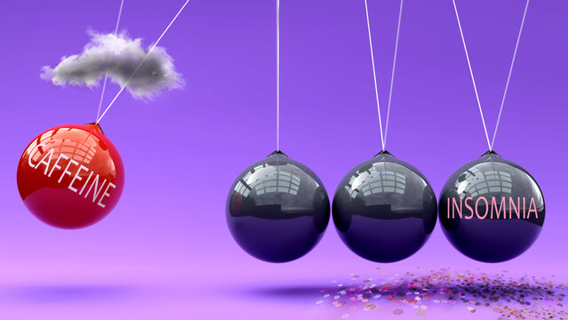 Caffeine leads to insomnia. A Newton cradle metaphor showing how caffeine triggers insomnia. Cause and effect relation between them. Vicious cycle ,3d illustration