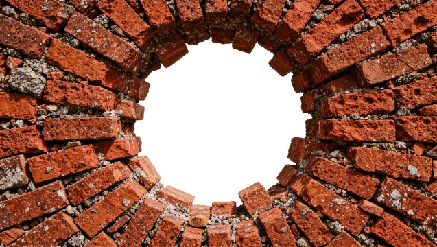 Broken red brick wall archway with rough mortar, isolated on transparent background