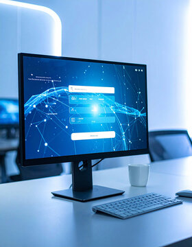 A computer monitor displays a digital login screen, symbolizing secure access in a modern workspace. No people, bright office interior, evokes feelings of innovation, cyber safety, and technology.
