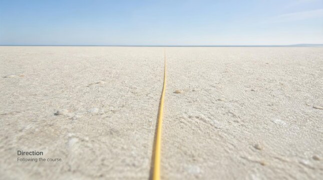 A straight yellow line extends across a vast, flat expanse of pale sandy ground leading toward a distant hazy horizon under a clear blue sky with conceptual text.