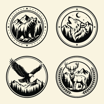 Vintage wildlife badge collection, 4 circular outdoor adventure emblems with bear wolf eagle and deer, black and white mountain wilderness vector set