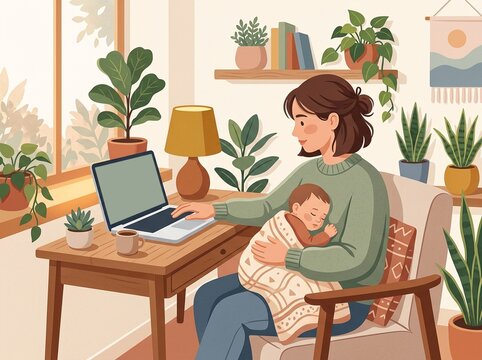 Mother with baby working on laptop at home, flat vector illustration