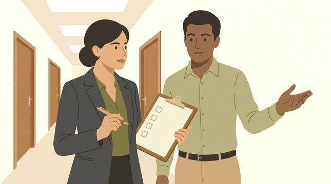Quality auditor checking compliance checklist clipboard with supervisor, corporate inspection, operational risk assessment audit, standard safety management meeting, clean flat vector illustration