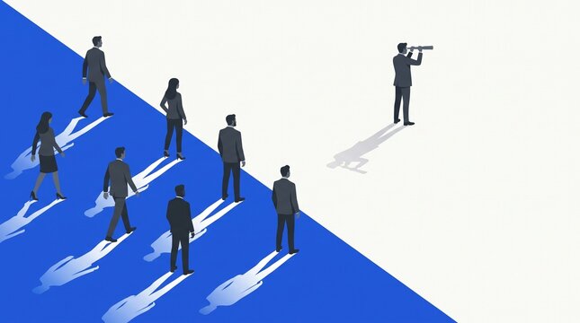 Visionary business leader with telescope looking ahead, team follows on blue path
