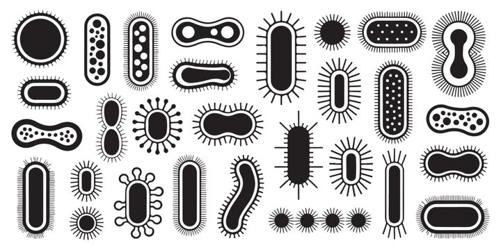 Group of black and white bacteria and virus shapes in various forms for scientific and medical illustrations.