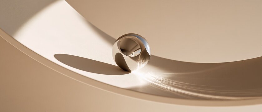 Commercial Abstract Photo of Matte White Plaster S-Curve Ribbon with Floating Mercury Sphere for Modern Architectural Branding Concept
