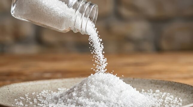 A glass bottle pours coarse white salt onto a mound on a ceramic plate, capturing the falling grains in sharp detail against a blurred wooden and stone background