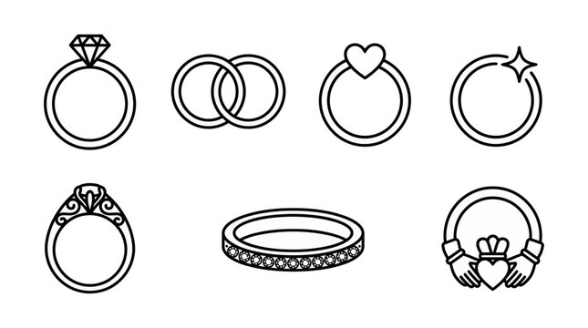 Set of various wedding and engagement ring line icons including diamond, heart and claddagh styles isolated on white background, symbolizing romantic commitment and wedding branding project