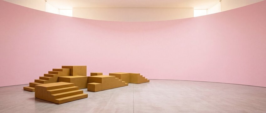 Minimalist gallery exhibition featuring cardboard staircase modular blocks inside curved pink walls under soft ambient light for art display.