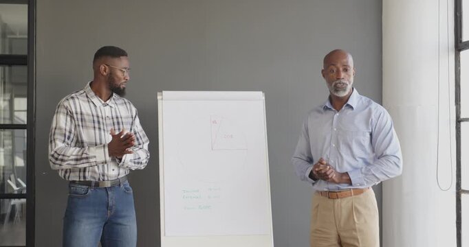 Business professionals presenting financial data on flip chart in modern office
