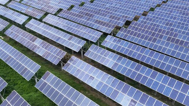 Rows of solar panels on green grass field