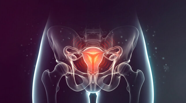 Female reproductive system anatomy with glowing uterus and fallopian tubes in medical illustration concept