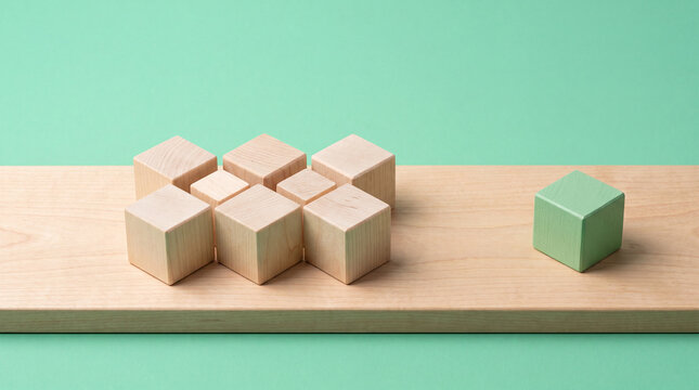 Wooden cubes arranged in cluster with one separate green cube symbolizing individuality or exclusion on wooden surface
