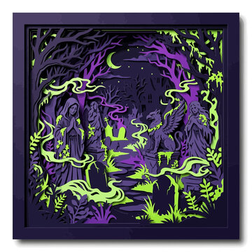 Spooky graveyard shadow box art, haunted forest, gothic scene, Halloween, eerie atmosphere