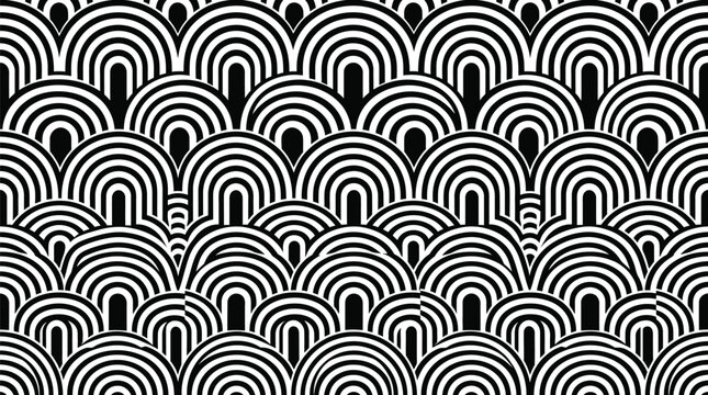 Black and white seamless pattern featuring concentric arch shapes in a repeating geometric design