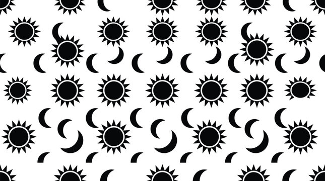 Seamless pattern of black sun and moon icons on a white background for celestial design projects