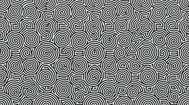 Black and white repeating spiral labyrinth pattern forming a continuous geometric texture background