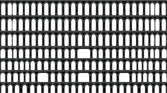 Seamless pattern of repeating Roman arches in a minimalist black and white architectural design