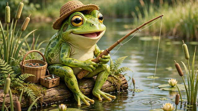 Smiling frog fishing with tiny rod on lily pad