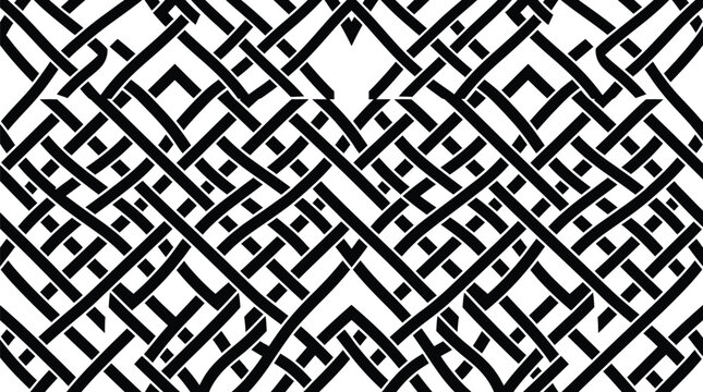 Abstract seamless pattern of interwoven black ribbons forming a geometric grid on a white background