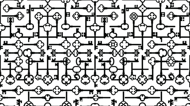 Seamless pattern of interlocking vintage skeleton keys in a black and white graphic design