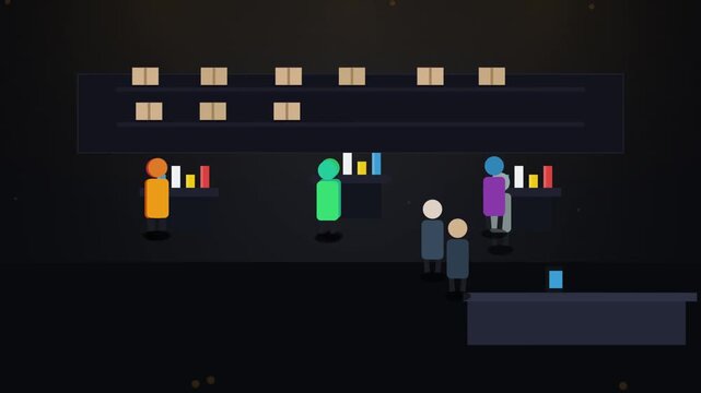 Flat animation of retail store checkout and inventory management process shopping