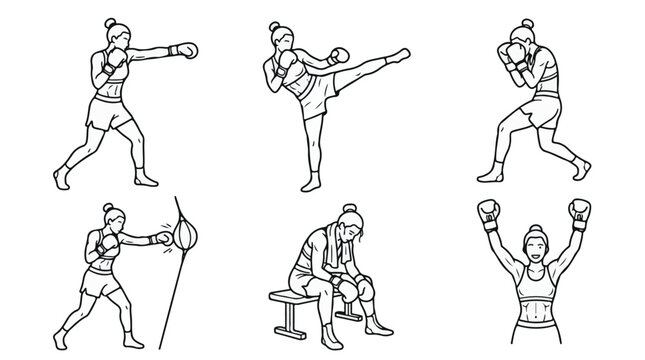 Female Boxers Training and Kickboxing Line Art Vector Set
