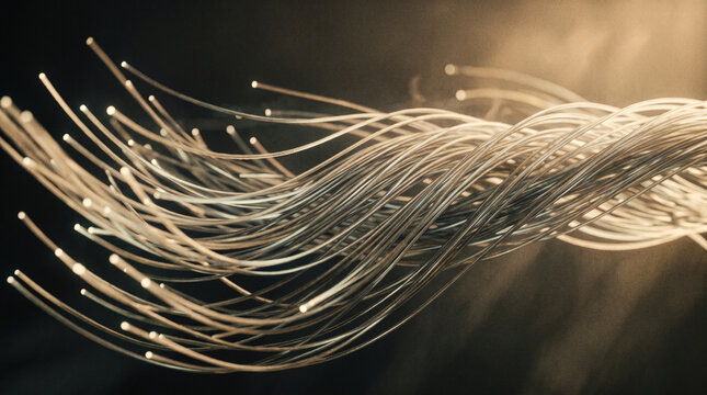 glowing fiber-optic strands flowing in a dynamic wave of data transmission