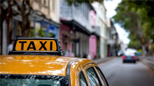 A vibrant yellow taxi cab parked on a city street. The striking color stands out against the soft backgrounds. This image portrays urban life and transportation. AI
