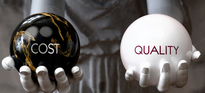 Cost or Quality - decide between two options. Greek statue presenting a choice: cost or quality, weighing their values. Looking at pros and cons. Presenting possibilities. ,3d illustration