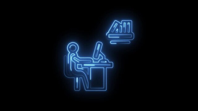 Neon blue outline of person at desk with computer and stack of books glowing on black icon