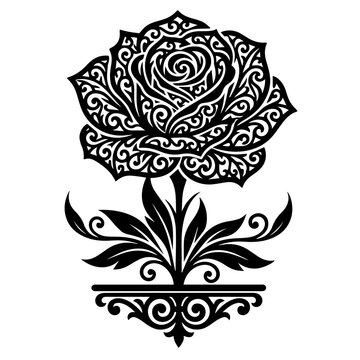 Decorative Rose Flower Vector Silhouette Art, Detailed Floral Bloom Ornament Graphic Design, Elegant Floral Pattern Cut File, Floral Garden Wall Art Clipart Black and White SVG PNG EPS DXF