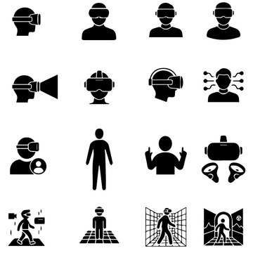 Person Wearing VR Headset Vector Icon Set, People Using Virtual Reality Goggles Silhouette Collection, Metaverse User Augmented Experience Graphic Symbols, Cut File SVG PNG EPS DXF